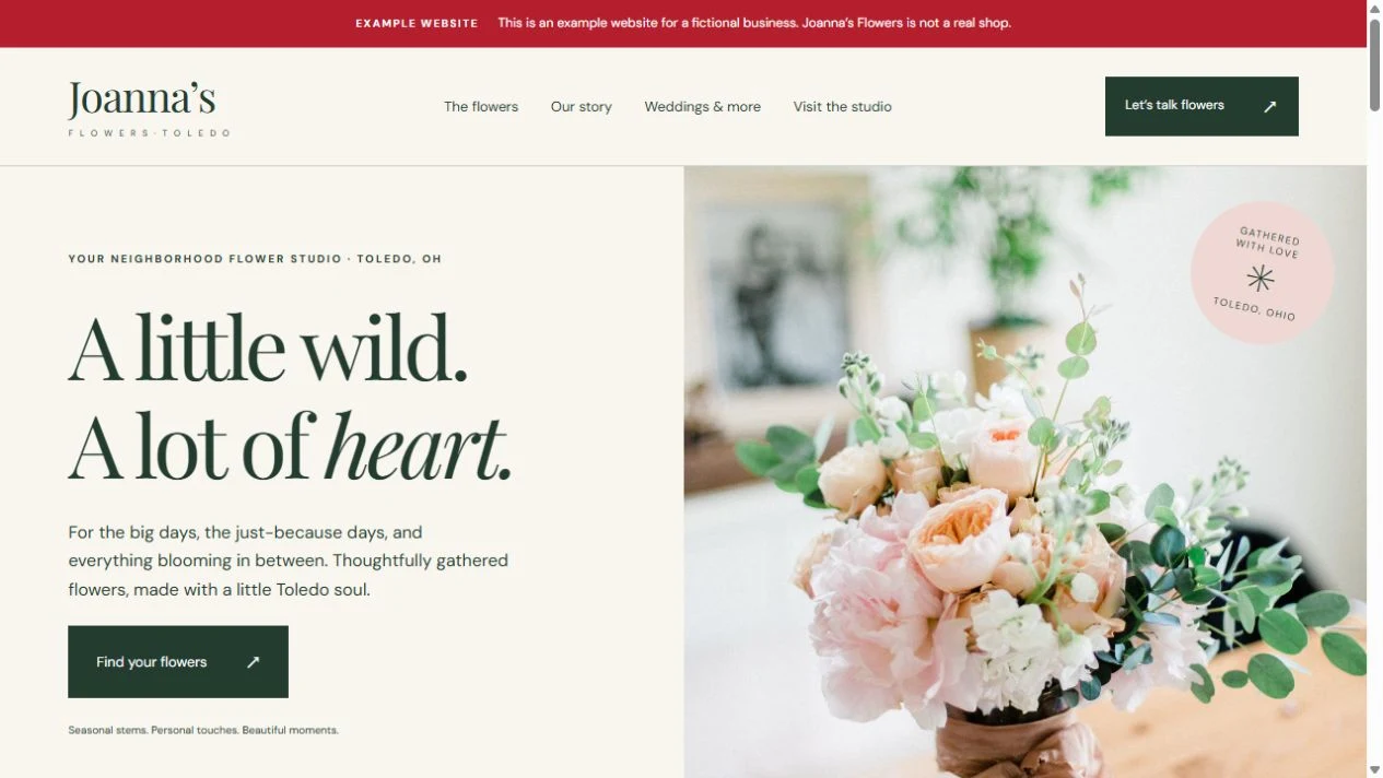 Joanna’s Flowers website with soft pink flowers and expressive typography